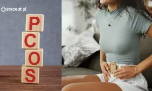 Kobieta z bólem brzucha, na drewnianych klockach litery PCOS. Czy to skutki uboczne amlozek?