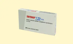 Opakowanie leku Tertensif SR 1,5 mg z indapamidem, który może być stosowany jako leki moczopędne bez recepty przy nadciśnieniu.