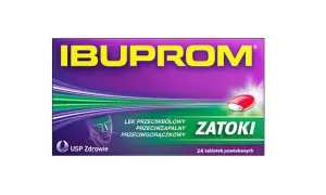 Opakowanie Ibuprom Zatoki. Lek przeciwbólowy, przeciwzapalny, przeciwgorączkowy. Czy Ibuprom podnosi ciśnienie? Sprawdź ulotkę.