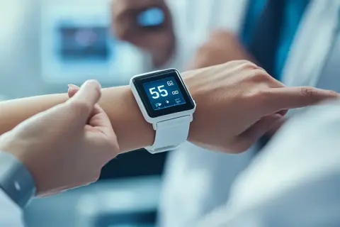 Lekarz sprawdza tętno pacjenta na smartwatchu, monitorując potencjalne skutki uboczne Nebiletu.