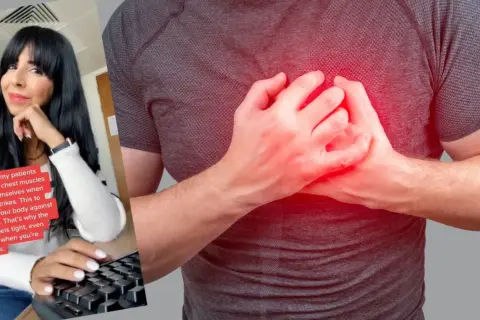 Kobieta wyjaśnia, że blok serca może być spowodowany stresem, gdy mięśnie klatki piersiowej napinają się z powodu lęku.