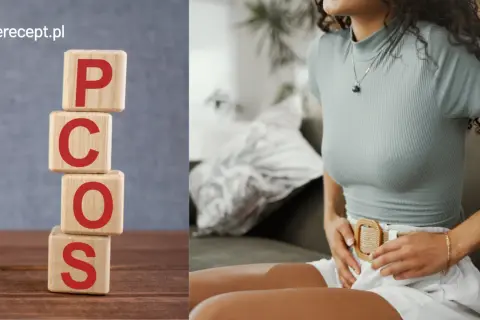 Kobieta z bólem brzucha, na drewnianych klockach litery PCOS. Czy to skutki uboczne amlozek?