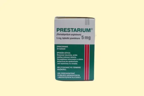 Opakowanie leku Prestarium na nadciśnienie. Zawiera 30 tabletek powlekanych 5 mg.