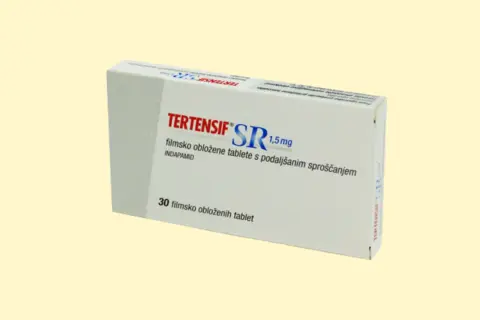 Opakowanie leku Tertensif SR 1,5 mg z indapamidem, który może być stosowany jako leki moczopędne bez recepty przy nadciśnieniu.