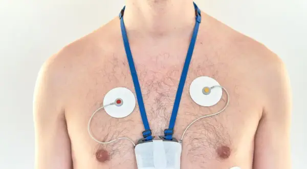 Mężczyzna z przyklejonymi elektrodami i urządzeniem na klatce piersiowej, monitorującym jego serce. To holter ciśnieniowy.
