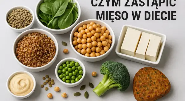 Roślinne alternatywy dla czerwonego mięsa: ciecierzyca, soczewica, groszek, tofu, komosa ryżowa, szpinak, brokuł i kotlet roślinny.
