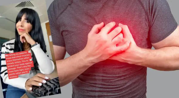 Kobieta wyjaśnia, że blok serca może być spowodowany stresem, gdy mięśnie klatki piersiowej napinają się z powodu lęku.