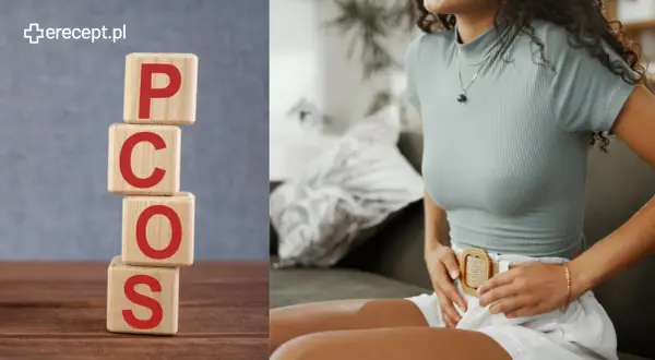 Kobieta z bólem brzucha, na drewnianych klockach litery PCOS. Czy to skutki uboczne amlozek?