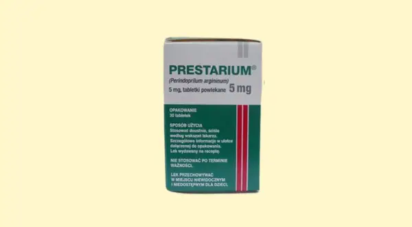 Opakowanie leku Prestarium na nadciśnienie. Zawiera 30 tabletek powlekanych 5 mg.