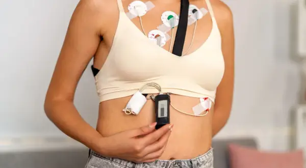 Kobieta z elektrodami EKG na klatce piersiowej i rejestratorem. Holter służy do długoterminowego monitorowania pracy serca.