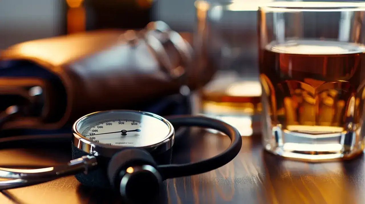 Ciśnieniomierz obok szklanki z bursztynowym alkoholem. Czy to ostrzeżenie przed wpływem ebivolu a alkoholu na zdrowie?