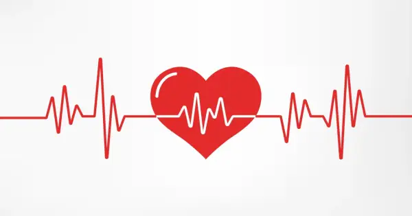 Czerwone serce z linią EKG na białym tle.