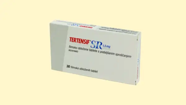 Opakowanie leku Tertensif SR 1,5 mg z indapamidem, który może być stosowany jako leki moczopędne bez recepty przy nadciśnieniu.